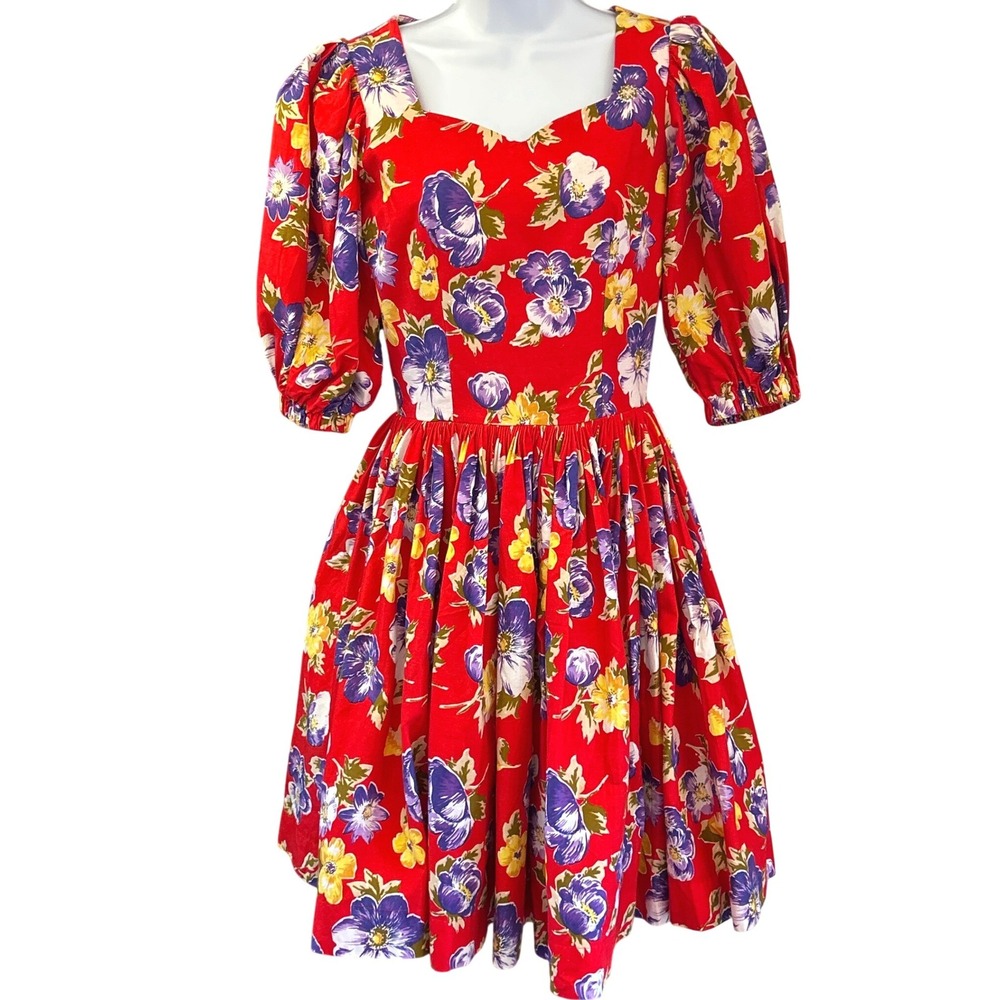 Vintage L'Elegante Princesse Floral Dress Rockabilly Pinup Sweetheart Neckline